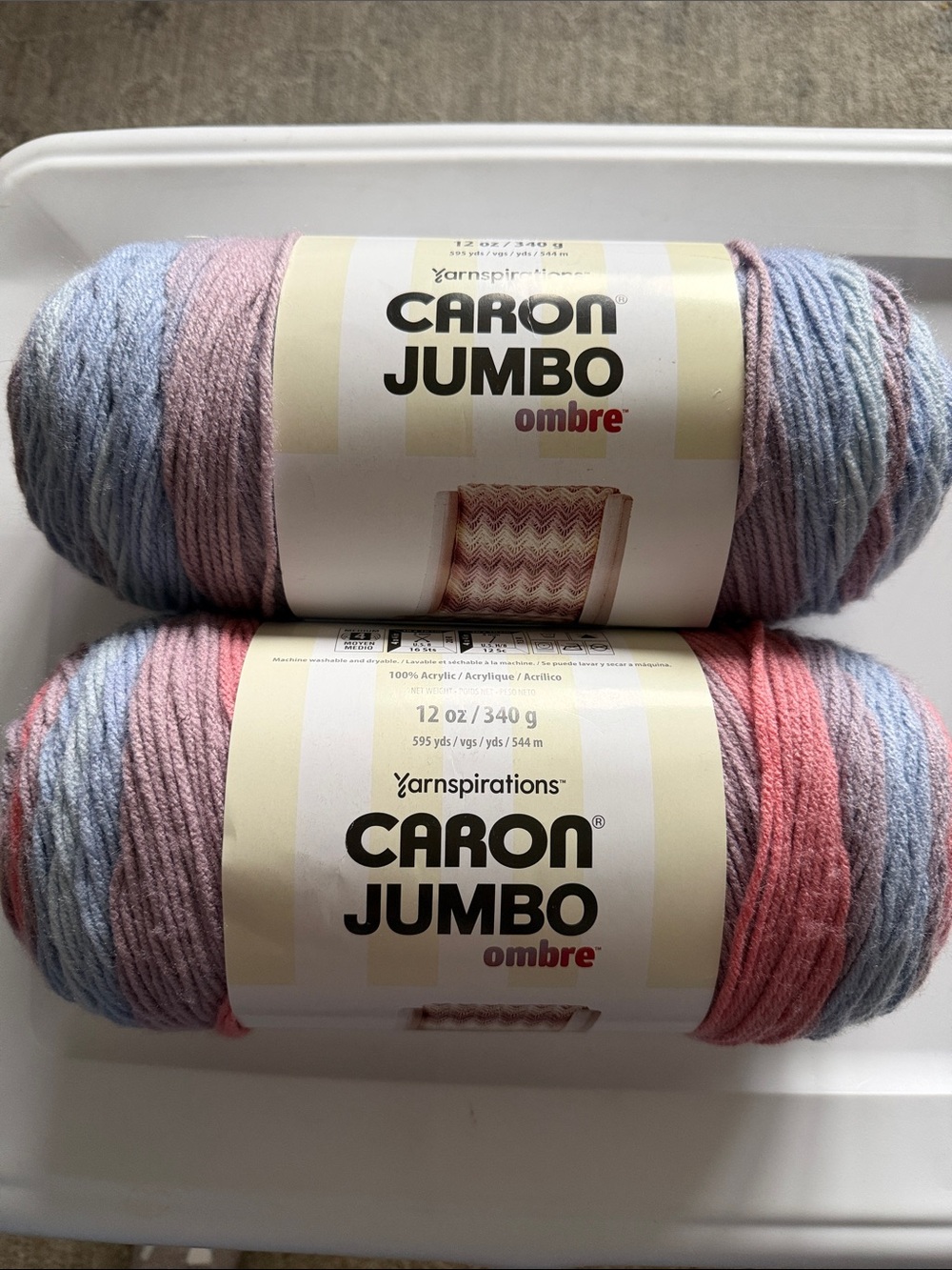 Caron JUMBO Ombré 
Size 12 oz ea 
Color:blush&blue
Lot of 2 
NWT